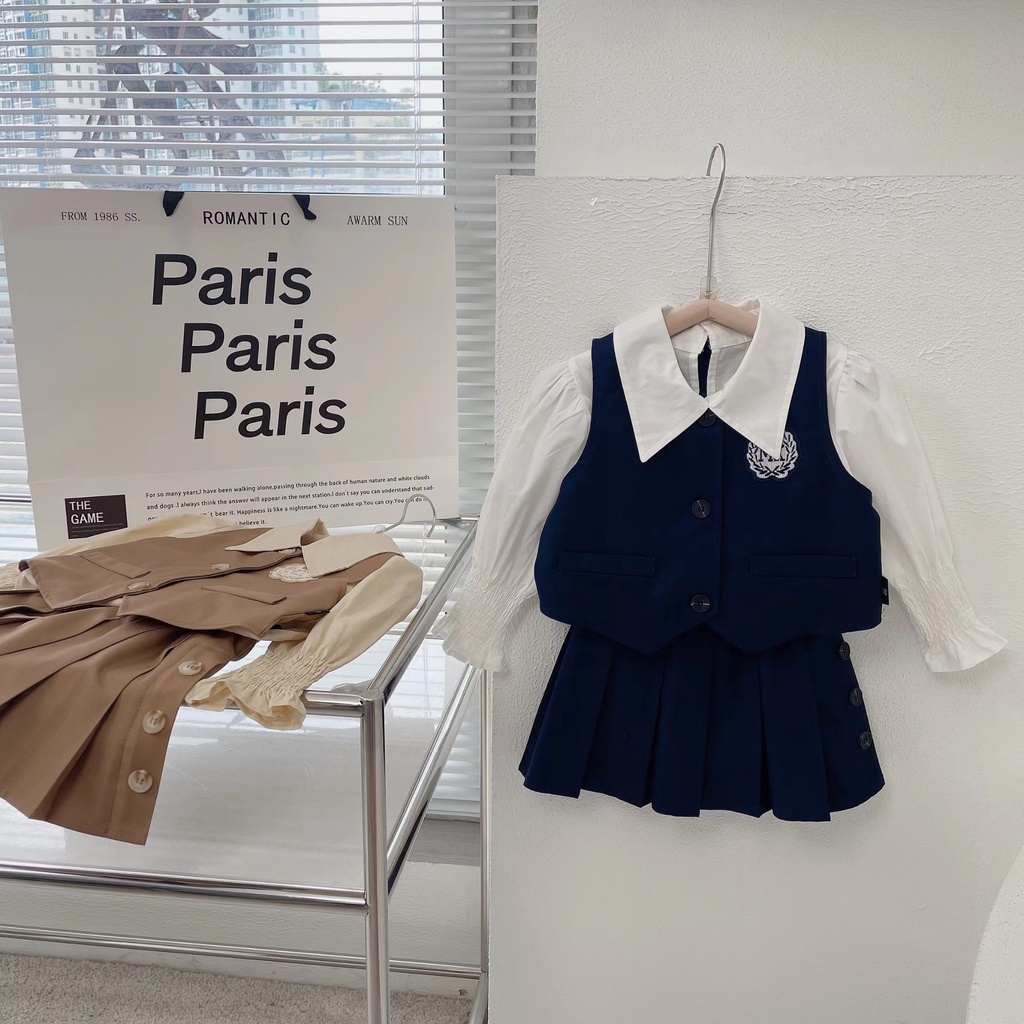 Bộ Áo Váy Xếp Ly Ba Món Phong Cách Hàn Quốc 2023 Cho Bé Gái