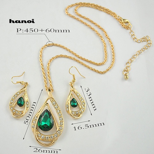 Bộ Vòng cổ + Bông Tai Đính Đá Pha Lê Hình Giọt Nước Màu Vàng