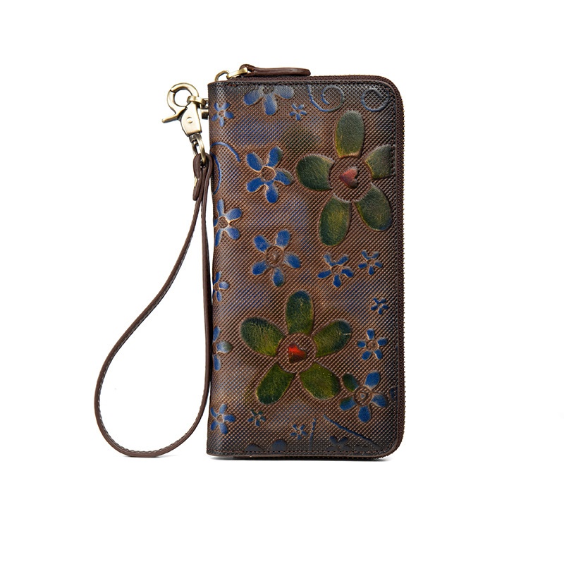 Ví Da Bò Cầm Tay Dáng Dài Có Khóa Kéo Phong Cách Retro Cho Nữ Mobile