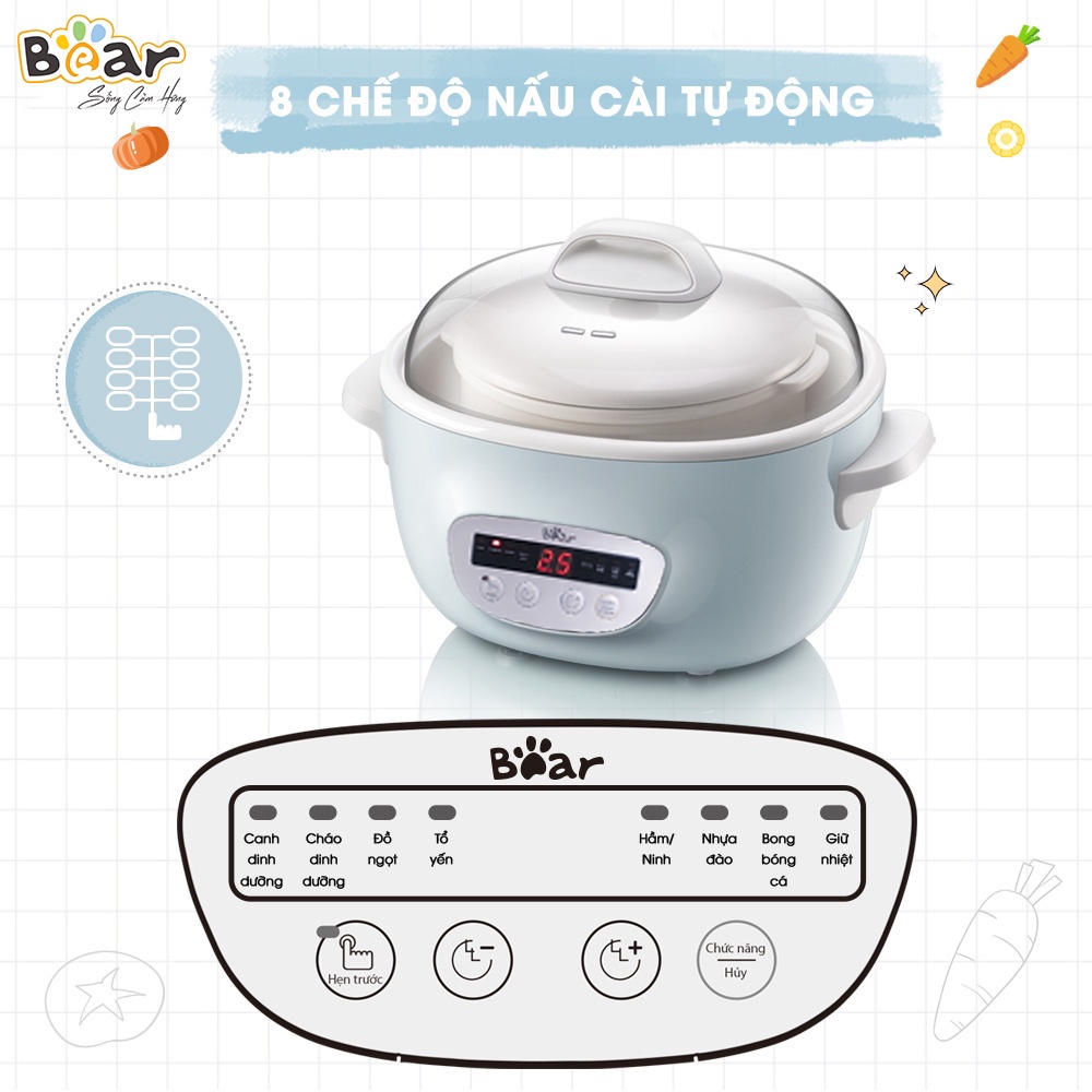 Nồi Nấu Chậm 2,5L Bear Chính Hãng Đa Năng Nấu Cháo, Chưng Yến Bản Tiếng Việt Bảo Hành 18 Tháng - SUBE003