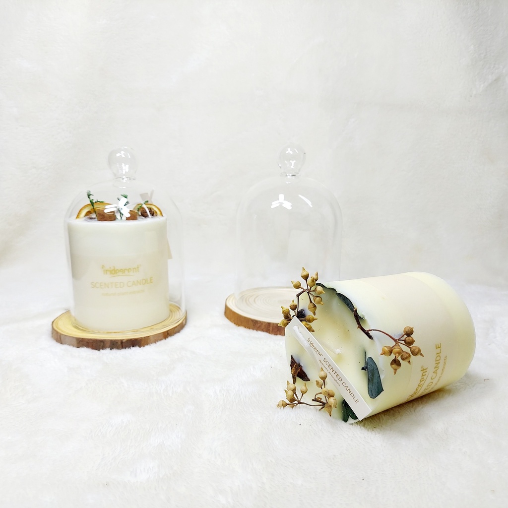 Nến thơm không khói thư giản trang trí hoa khô làm quà tặng phong cách hiện đại kèm chụp thủy tinh và đế gỗ