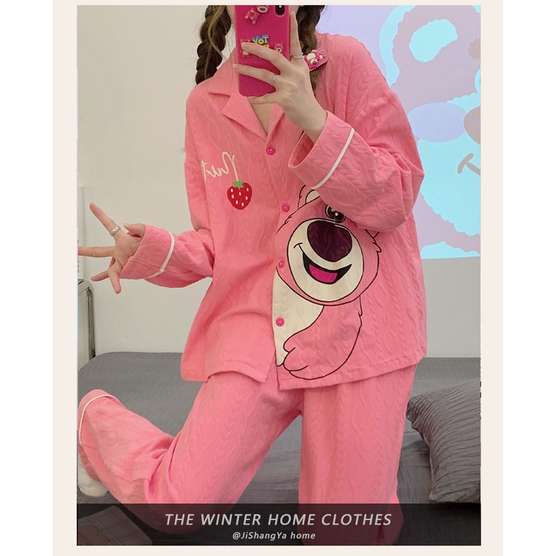 Bộ Đồ Ngủ Chất Cotton Tay Dài In Họa Tiết Trái Dâu Tây Dễ Thương Thời Trang Xuân Thu Cho Nữ