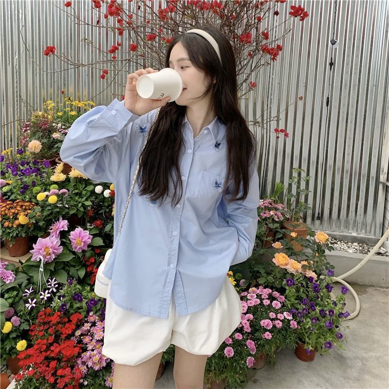 Phong cách hàn quốc áo sơ mi nữ mùa xuân và mùa thu màu xanh mới áo sơ mi dài tay rộng