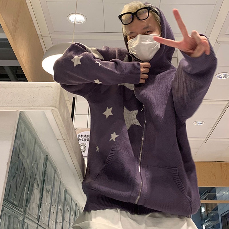 Áo Khoác cardigan Dệt Kim Dáng Rộng Có Khóa Kéo Thời Trang Đường Phố Mỹ Cho Nam