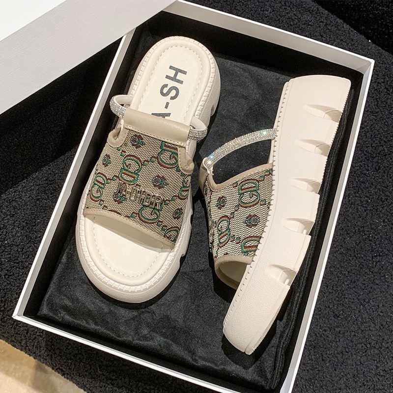 Dép Sandal Đế Dày Quai Ngang Đính Đá Thời Trang Mùa Hè 2023 Cho Nữ