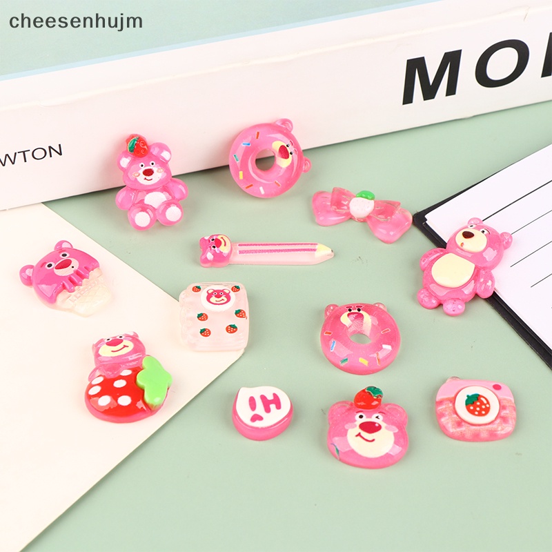 Set 10 Kẹp Tóc Hình Gấu Hồng / Dâu Tây Bằng Nhựa Resin DIY