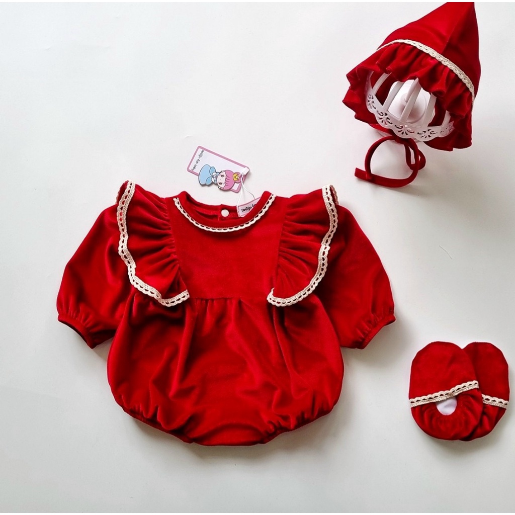 Set body đồ liền thân bodysuit nhung đỏ viền ren cho bé gái sơ sinh đến 2 tuổi MINTSCLOSET Mint's Closet - BS6148