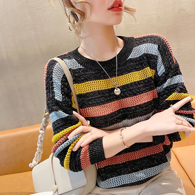 Áo Sweater Mỏng Dáng Rộng Họa Tiết Kẻ Sọc Nhiều Màu Sắc Thời Trang Mùa Thu Mới Cho