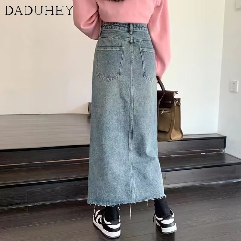 Chân váy denim dài DADUHEY dáng chữ A lưng cao túi hông viền thô xẻ tà phong cách retro đường phố Mỹ mới