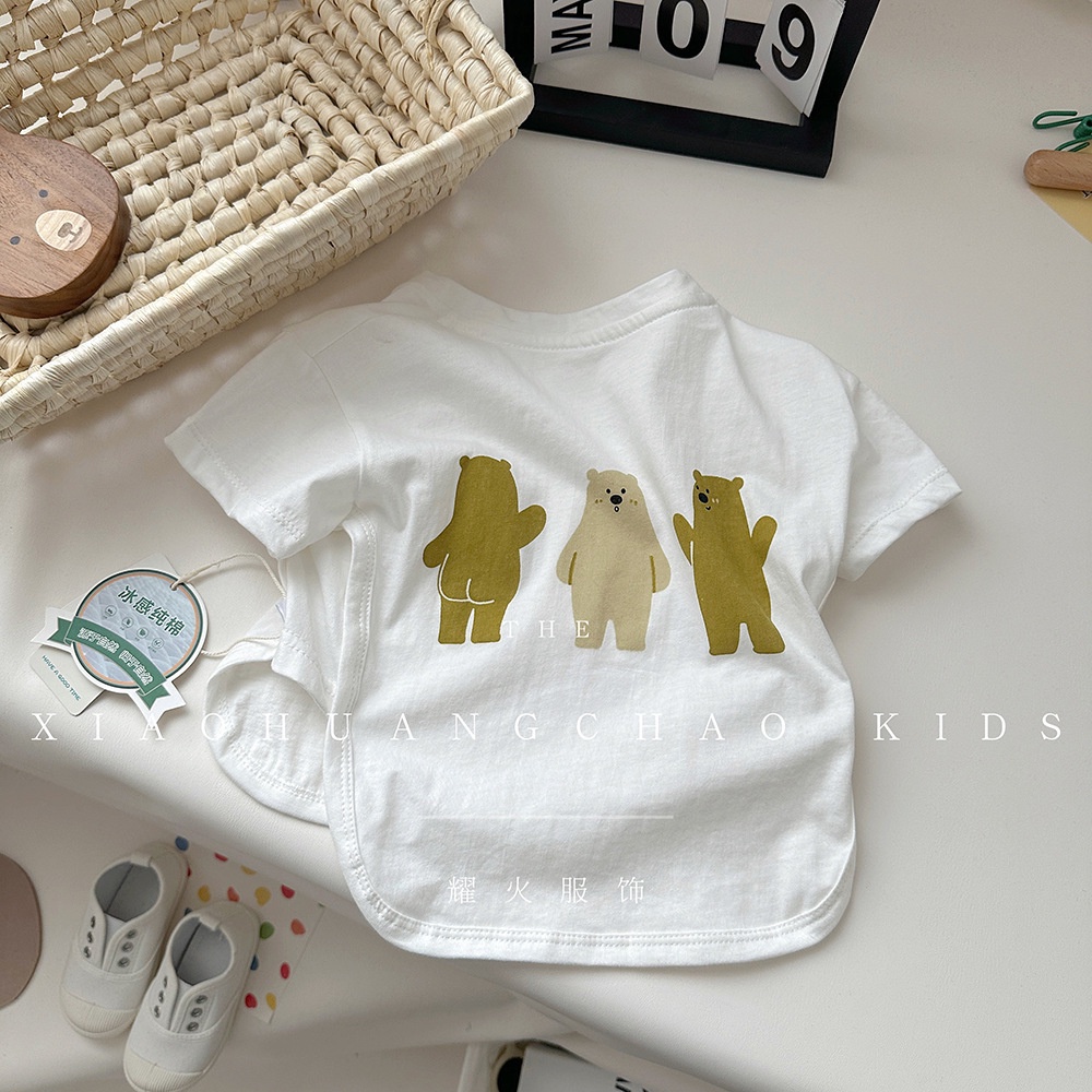 Sun baby three little bear summer cartoon trẻ em áo sơ mi ngắn tay cổ tròn