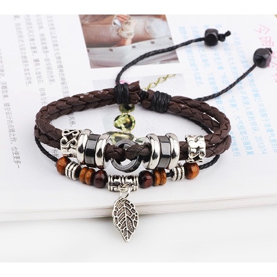 Vòng Tay Da Hanmade Nam Nữ Regi Lắc Tay Merin Accessories Họa Tiết Chiếc Lá Phong Cách Cổ Điển Retro - Vòng Tay Regi