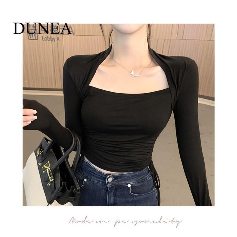 DUNEA Áo Thun Tay Dài Cổ Vuông Dáng Ôm Phối Dây Rút Thời Trang Cho Nữ