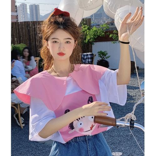 Áo Thun Tay Ngắn Dáng Rộng Cổ Búp Bê Màu Tương Phản Dễ Thương Phong Cách Hàn Quốc Cho Nữ