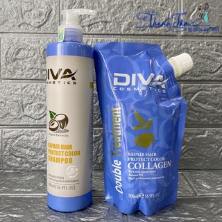 Combo gội và hấp phục hồi tóc hư tổn Diva Collagen 500mlx2