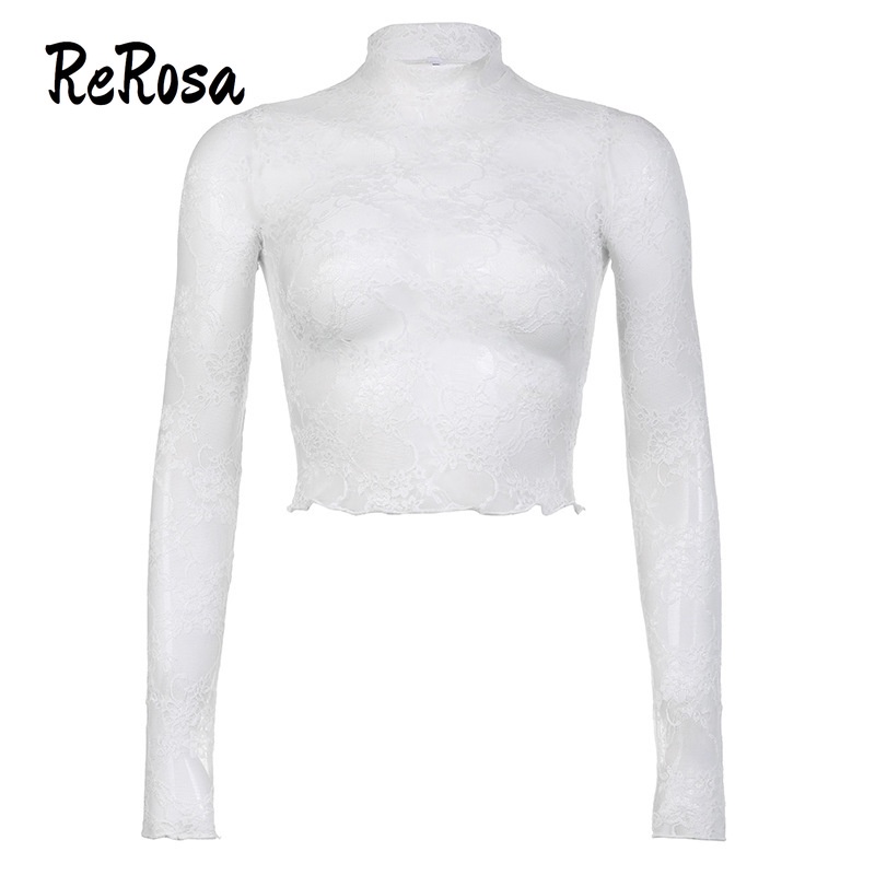 Rerosa women t-shirt hollow out translucent gauze 2023 thời trang phong cách mới slim fit dài tay cổ rùa