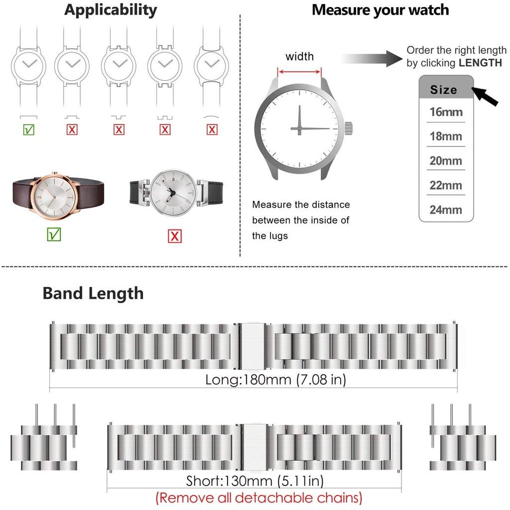 Dây đồng hồ kim loại,kích thước phổ quát size 18mm 20mm 22mm 24mm cho HuaWei Samsung Galaxy watch 4 3 classic 5 Pro