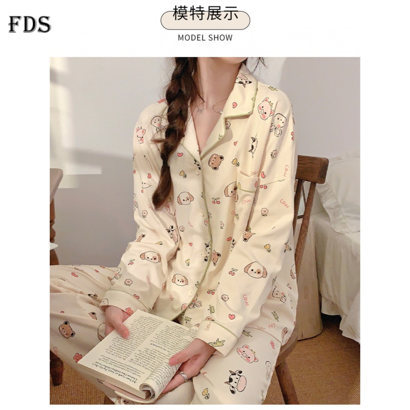 Bộ đồ ngủ FDS gồm áo tay dài và quần dài họa tiết cún dễ thương thời trang thu đông thoải mái dành cho nữ