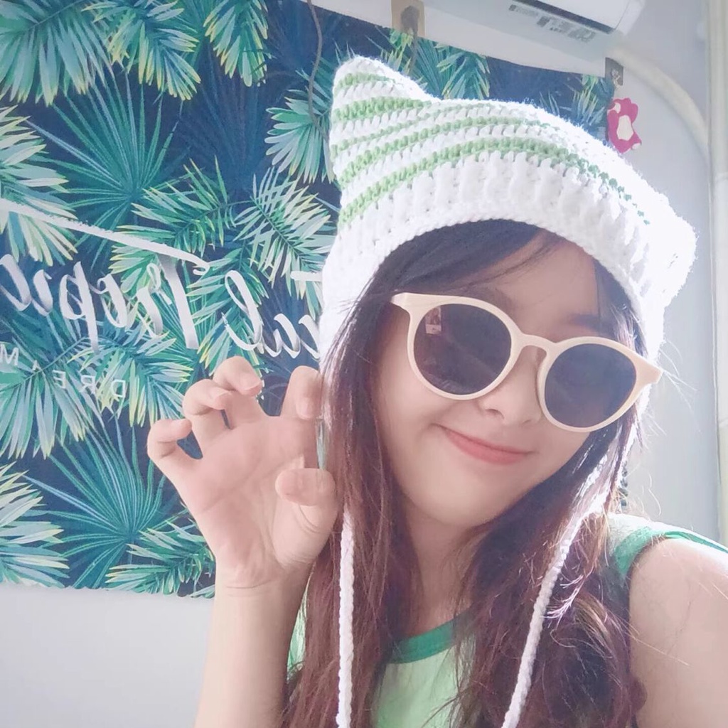 Mũ Len Trùm Tai Họa Tiết Kẻ Sọc Đính Tai Mèo Dễ Thương Thời Trang Thu Đông