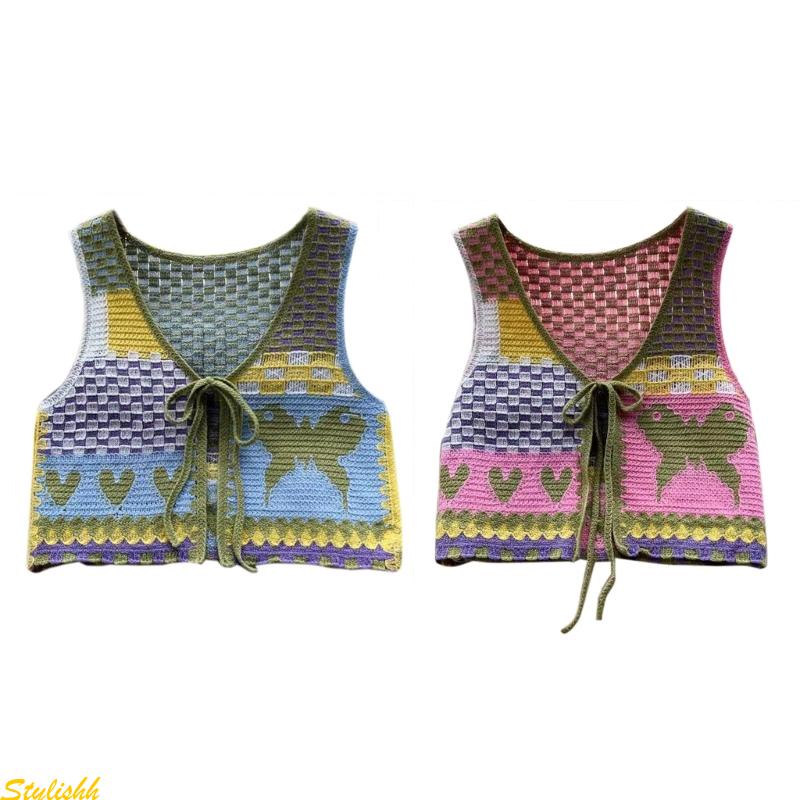 Stylishh phụ nữ mùa hè ren up tanks top crochet knit vest ghi lê áo khoác yếm rỗng