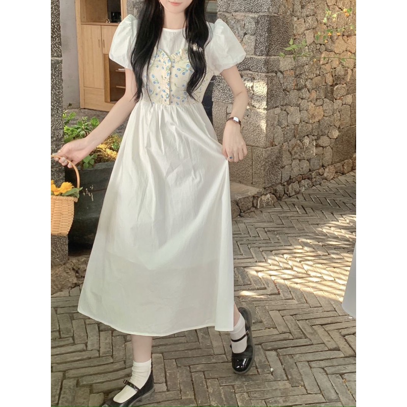 Váy dài thời trang retro hoa giả hai chiếc váy dài eo người phụ nữ