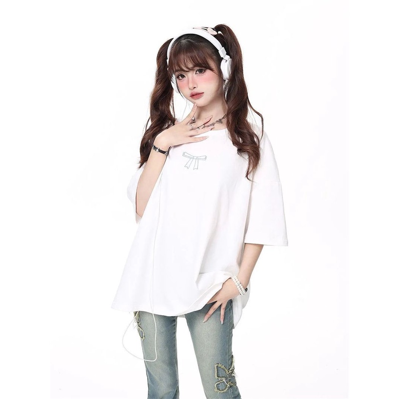 Nữ nơ tie in ngắn tay t-shirt lỏng trung bình chiều dài t-shirt top