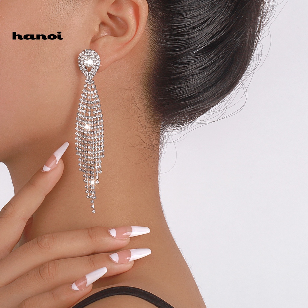 Han_ bông tai rhinestone tua rua tinh tế phong cách giọt nước lạnh cho các quý cô quyến rũ hoàn hảo cho mọi dịp