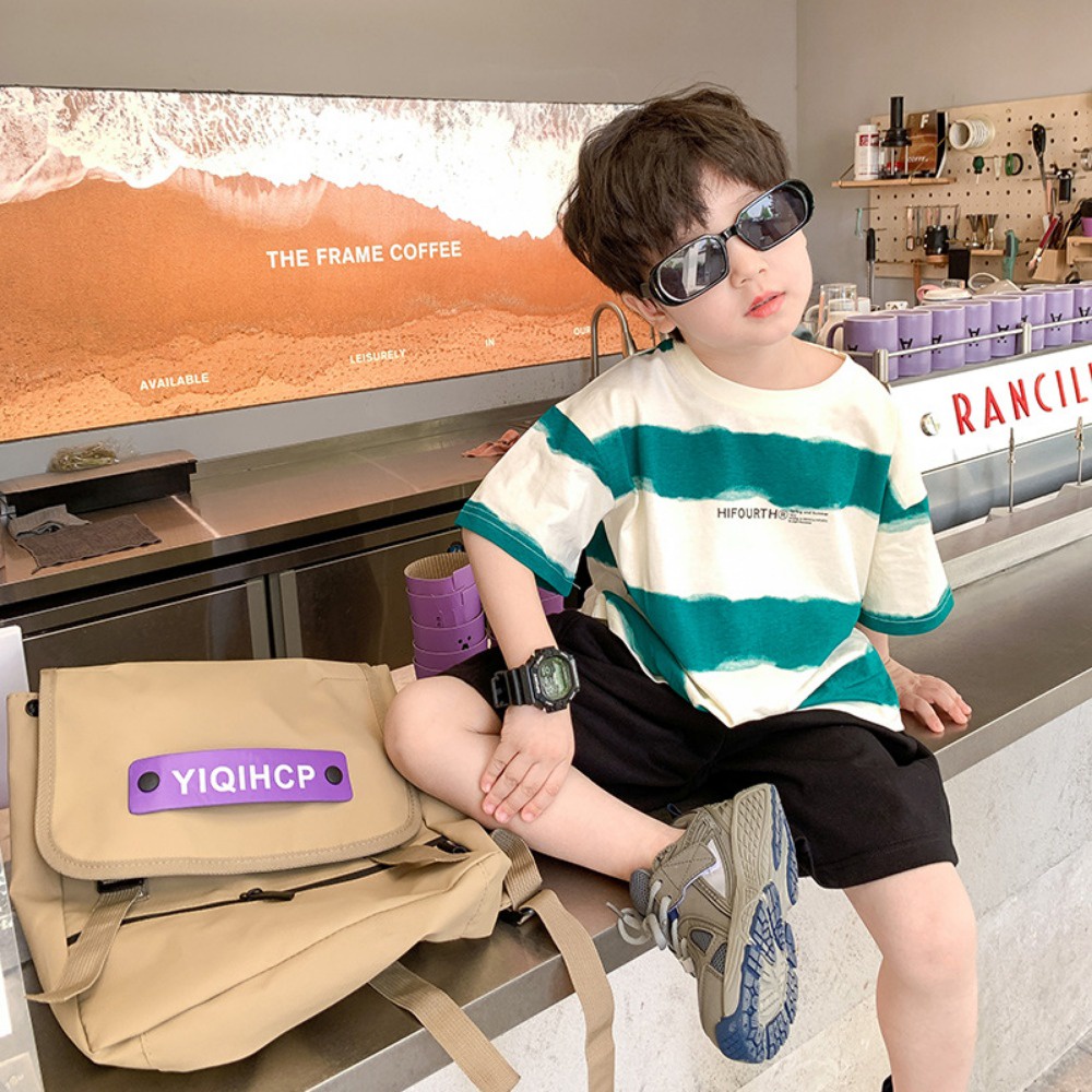 Áo sơ mi trẻ em bé trai và bé gái mẫu mùa hè đẹp trai sọc ngắn tay áo t-shirt chữ em bé in áo sơ mi đáy rời