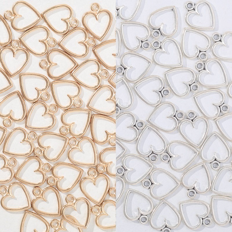 50 chiếc / gói 14 * 11mm mặt dây chuyền tự làm hợp kim kim loại vòng cổ đơn giản vòng tay vòng chân bông tai đánh dấu hình học hình trái tim thời trang bùa rỗng đồ trang sức màu vàng / bạc