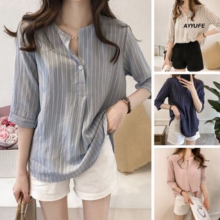 Áo Sơ Mi Tay Lửng 3 / 4 Cổ Chữ v Họa Tiết Kẻ Sọc Thanh Lịch Dành Cho Nữ