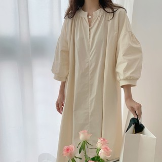 Hàn quốc màu rắn v-cổ bong bóng tay áo sơ mi váy của phụ nữ mùa thu đơn giản giản dị tính khí lỏng lẻo áo dài