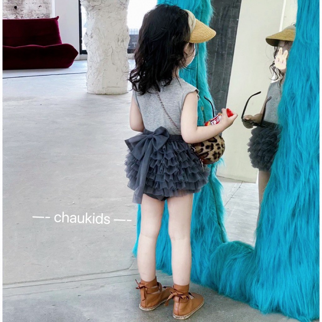 SET ÁO SÁT NÁCH TĂM PHỐI CHÂN VÁY TẦNG ĐÍNH NƠ CHO BÉ GÁI SIZE 8-18KG