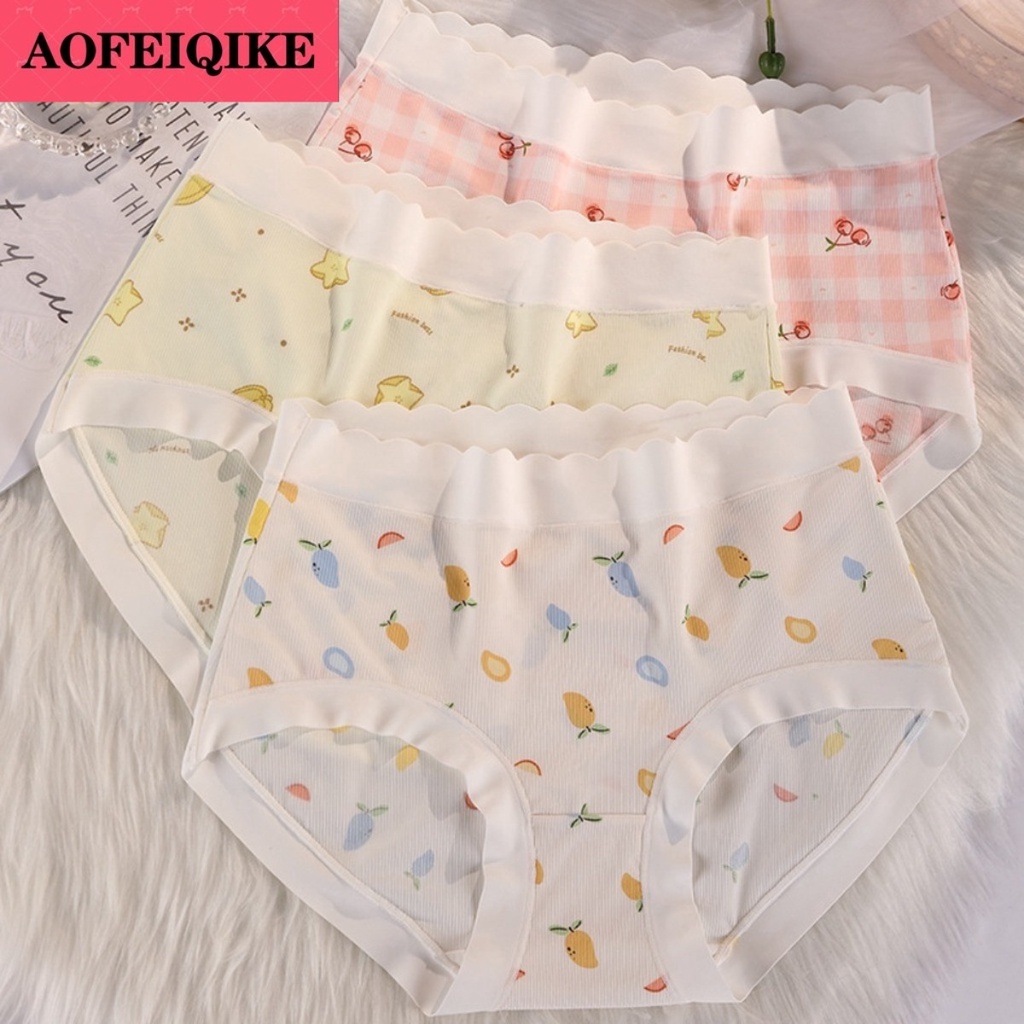 Quần lót AOFEIQIKE lụa băng đáy cotton kháng khuẩn lưng vừa nâng hông in họa tiết ngọt ngào cho nữ