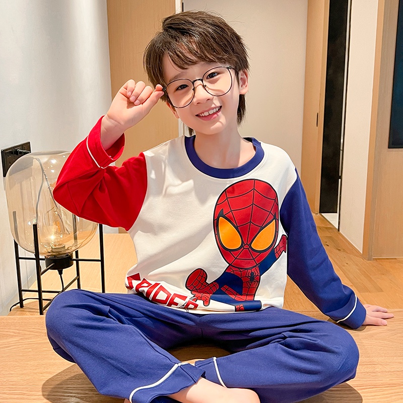 Spring autumn bộ đồ ngủ trẻ em dài tay cổ tròn chải bông bé trai hoạt hình bút chì màu shin-chan spiderman bộ đồ ngủ phục vụ tại nhà bé trai trung