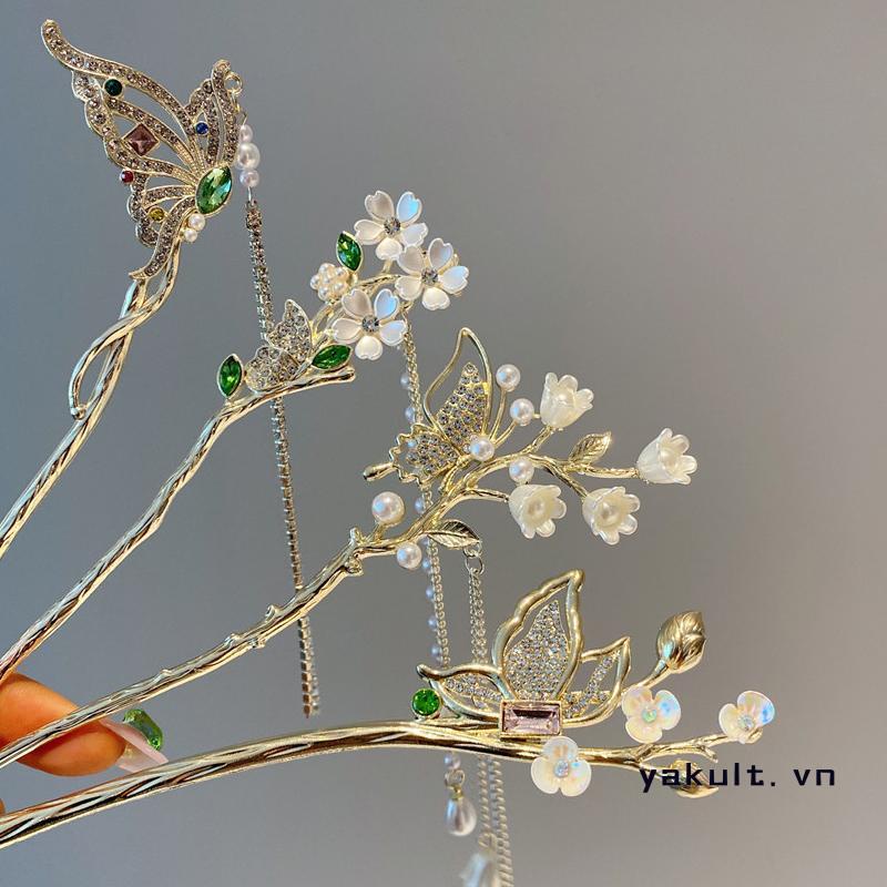 🎀 yakult 🎀Kẹp Tóc Bướm Trung Quốc Kẹp Tóc Tua Rua Ngọc Trai Phong Cách Thanh Lịch Mũ Nón