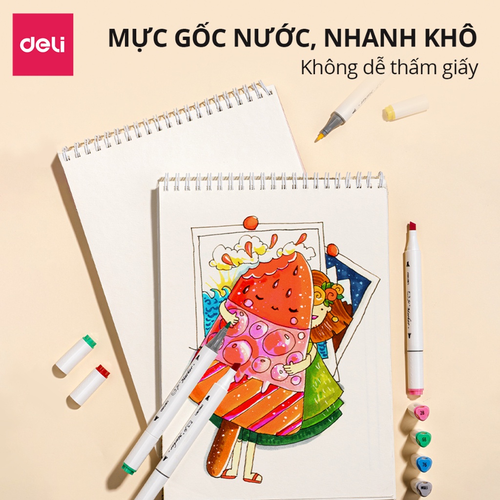 Bút Màu Dạ Marker 2 Đầu Cho Học Sinh Deli - 12/24/36/48/60 Màu Có Thể Rửa, Giặt Sạch Calligraphy Tô Màu Đi Nét Vẽ Tranh
