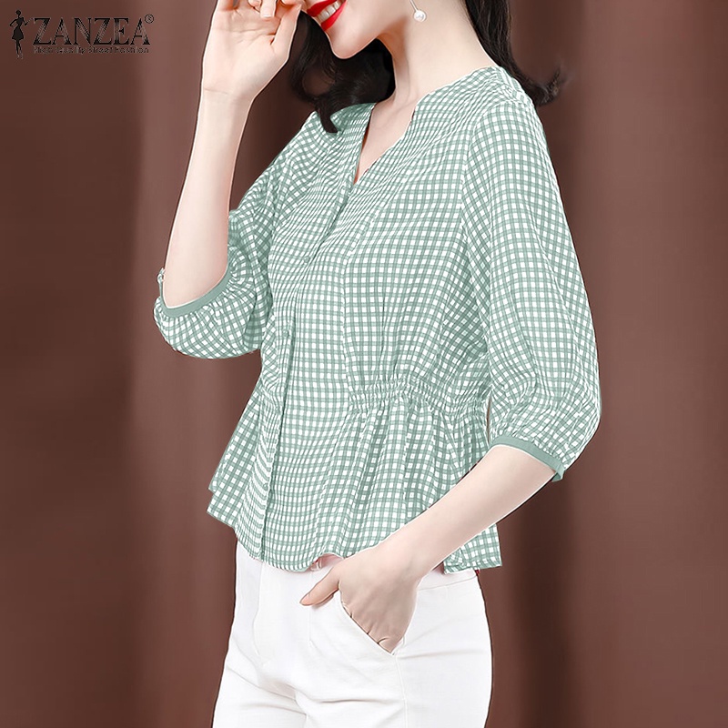 Áo sơ mi ZANZEA tay lửng cổ chữ V họa tiết ca rô thời trang dành cho nữ