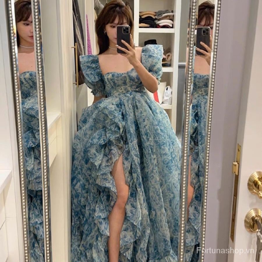 Sớm Mùa Xuân Phong Cách Mới Áo Tay Phồng In Họa Tiết Sứ Trắng Xanh Siêu Thơ Cao Cấp Dáng Hẹp Eo Pettiski