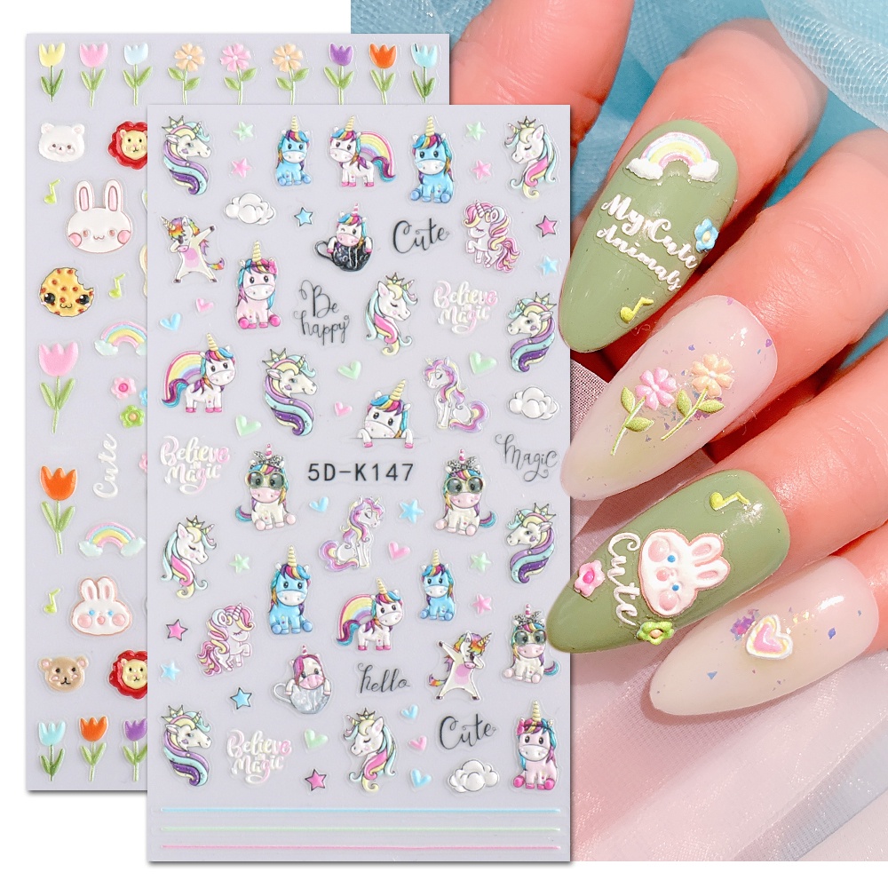 Miếng Dán Trang Trí Móng Tay 5D Dập Nổi Họa Tiết Hoạt Hình Dễ Thương