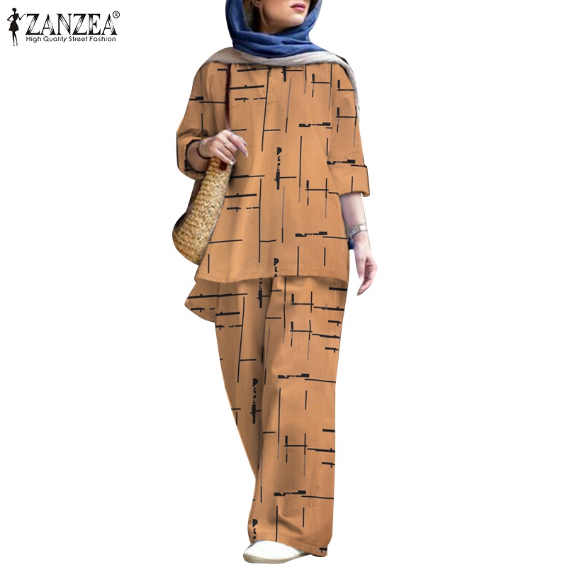 ZANZEA Set Áo Thun Ngắn Tay Cổ Chữ V + Quần Dài Lưng Thun Ống Rộng Thời Trang Nữ