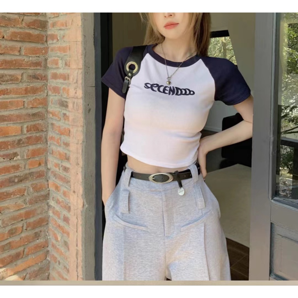 Áo Thun Ngắn Tay Ôm Dáng Thêu Chữ Tương Phản Thời Trang Mùa Hè Mới Cho Nữ