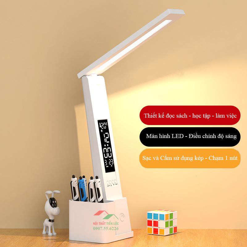 Đèn học để bàn màn hình LCD, đèn LED tích điện PIN 2000MH kèm hộc đựng bút, sạc cắm USB dùng cho học tập làm việc