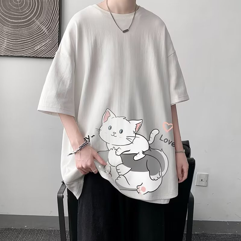 M-8XL áo phông nam tay lỡ,Áo Thun Tay Ngắn Dáng Rộng Phim hoạt hình hai con mèo béo in Phong Cách Hồng Kông Thời Trang Cho Nam