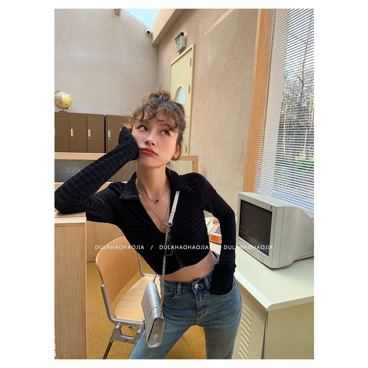 COZOKC COZOK Áo Thun Tay Dài Dáng Ôm Cổ Chữ V Xếp Ly Phối Khóa Kéo Thời Trang Cho Nữ