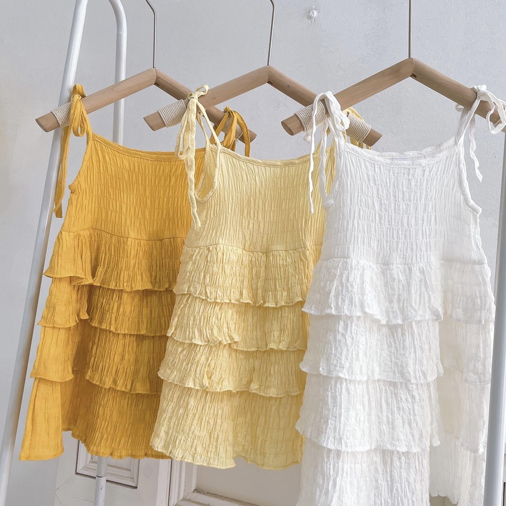 Váy bé gái 2 dây vải xốp nhún 3 tầng
