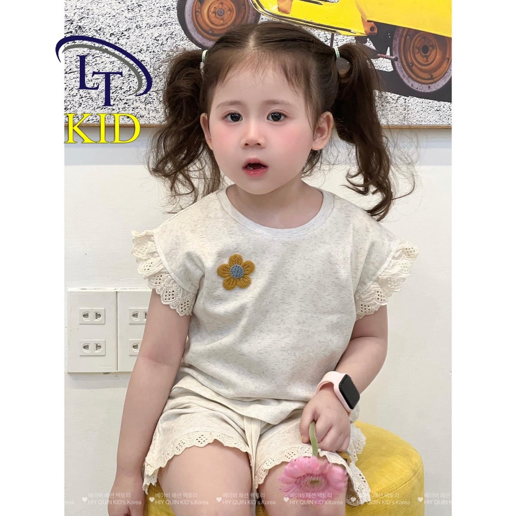 Bộ cotton tàu phối viền ren, gắn hoa len cho bé gái 8-20kg