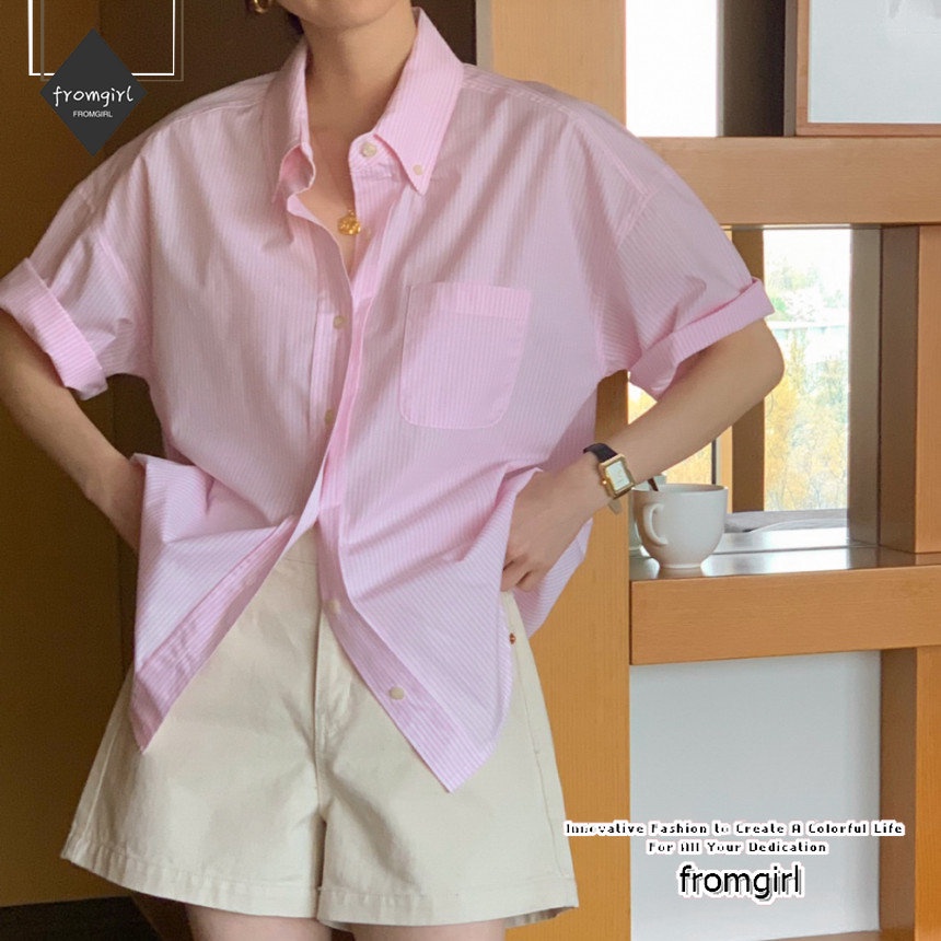 Áo Sơ Mi Ngắn Tay Họa Tiết Sọc Đơn Giản Thời Trang Dành Cho Nữ
