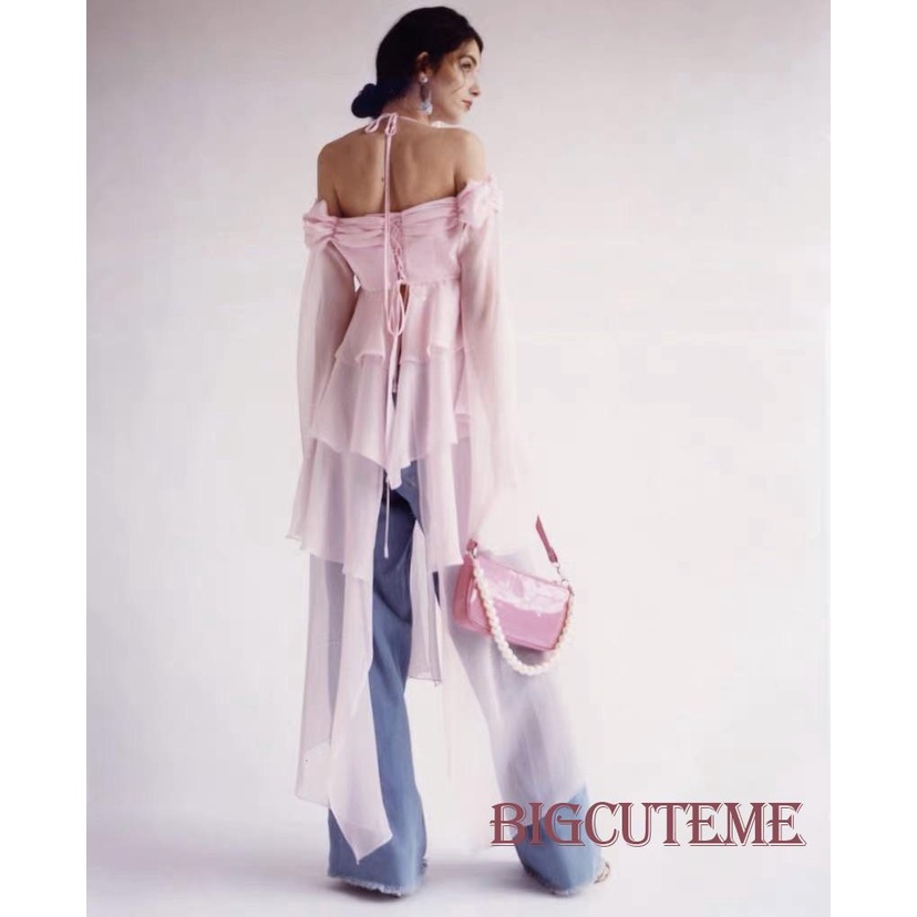 Áo Kiểu Tay Dài Cổ Yếm Nhún Bèo Dáng Ôm Thời Trang Xuân Hè Dành Cho Nữ