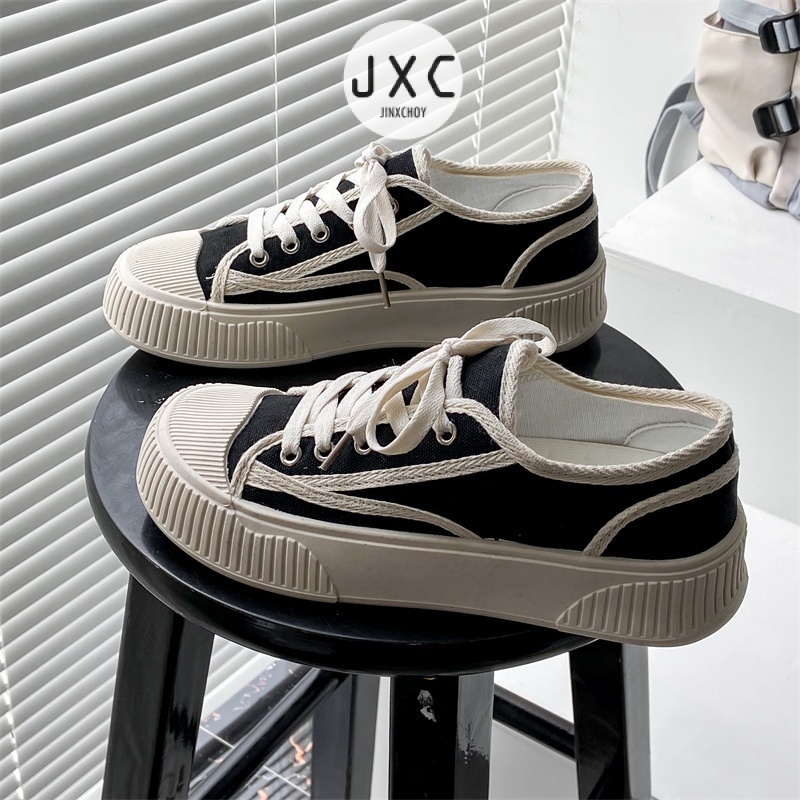 Giày Thể Thao Vải Bạt Mũi Tròn Cột Dây Phối Màu Thời Trang Ulzzang