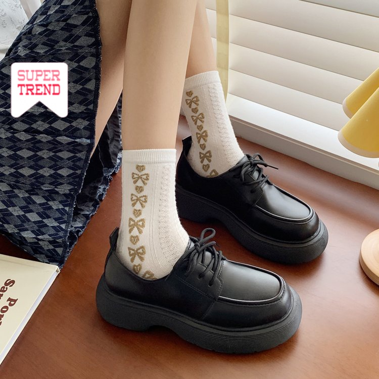 Giày Da Mũi Tròn Cột Dây Màu Trơn Đơn Giản Thoải Mái Hợp Thời Trang