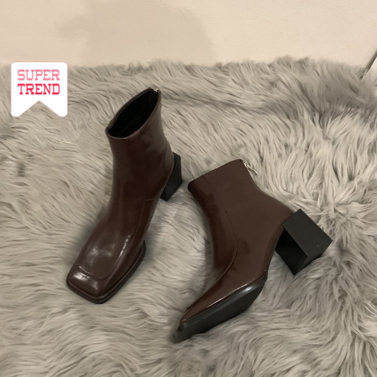 Giày Cao Gót Mũi Vuông Màu Trơn Có Khóa Kéo Thời Trang Cho Nữ